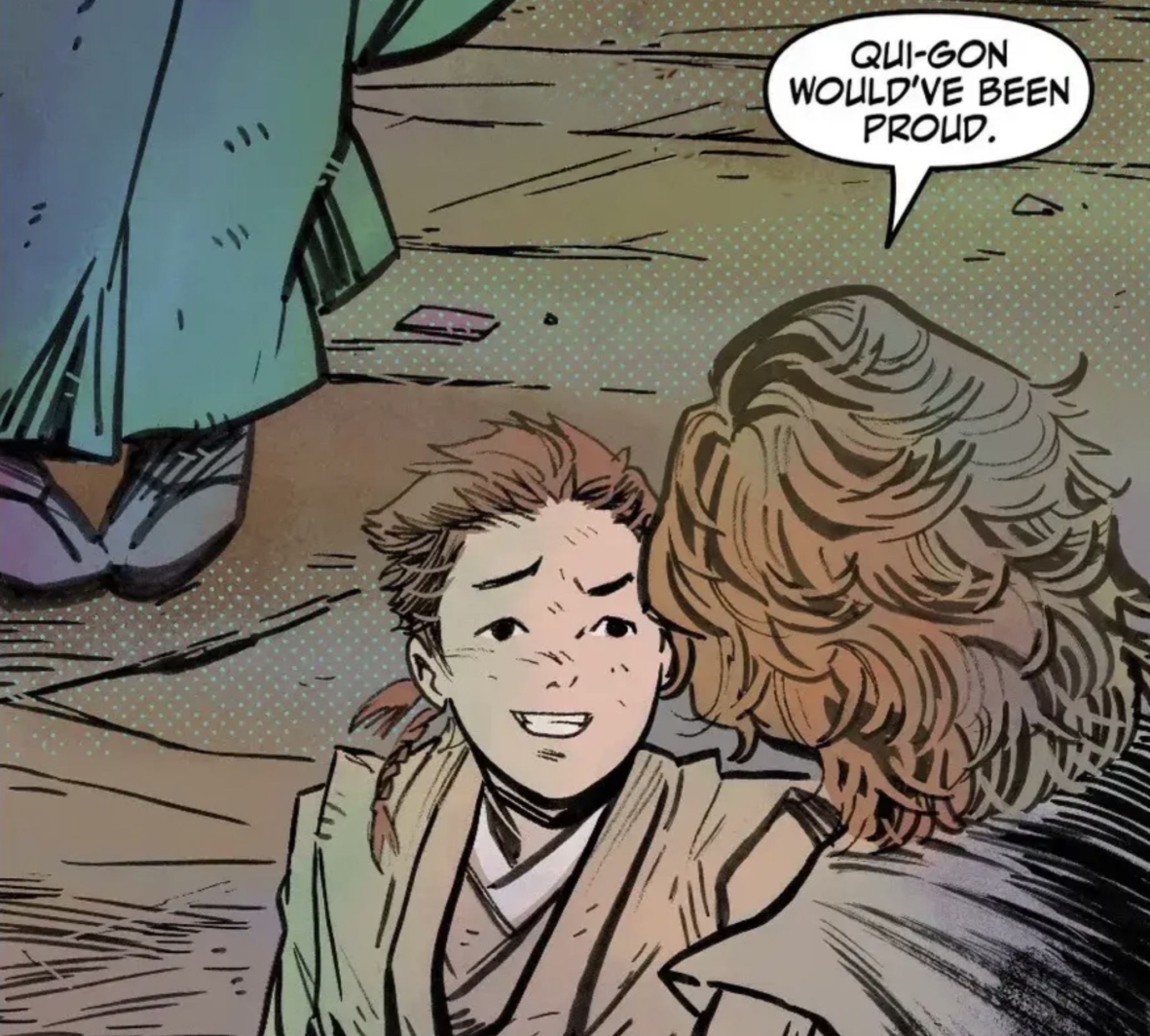 Anakin Skywalker & Obi-Wan Kenobi in a Star Wars comic panel: "Qui-Gon would've been proud."